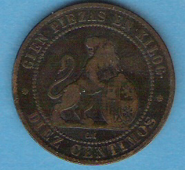 ESPAGNE . 10 Centimos .  1870 / O M . - Provinciale Munten