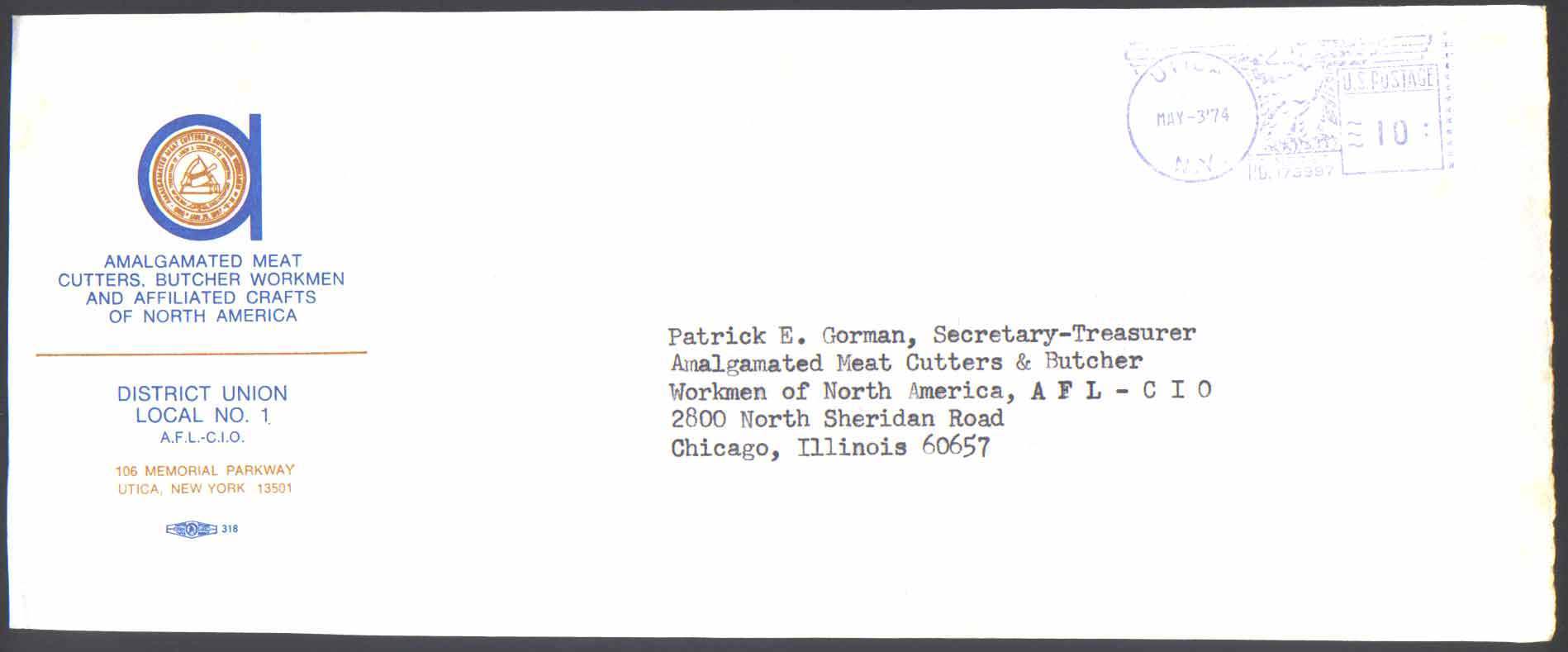 Amalgamated Meat Cutters And Butcher Workmen. Aigle. EMA De 1974. U.S. POSTAGE De UTICA "Pitney Bowes - Lettres & Documents
