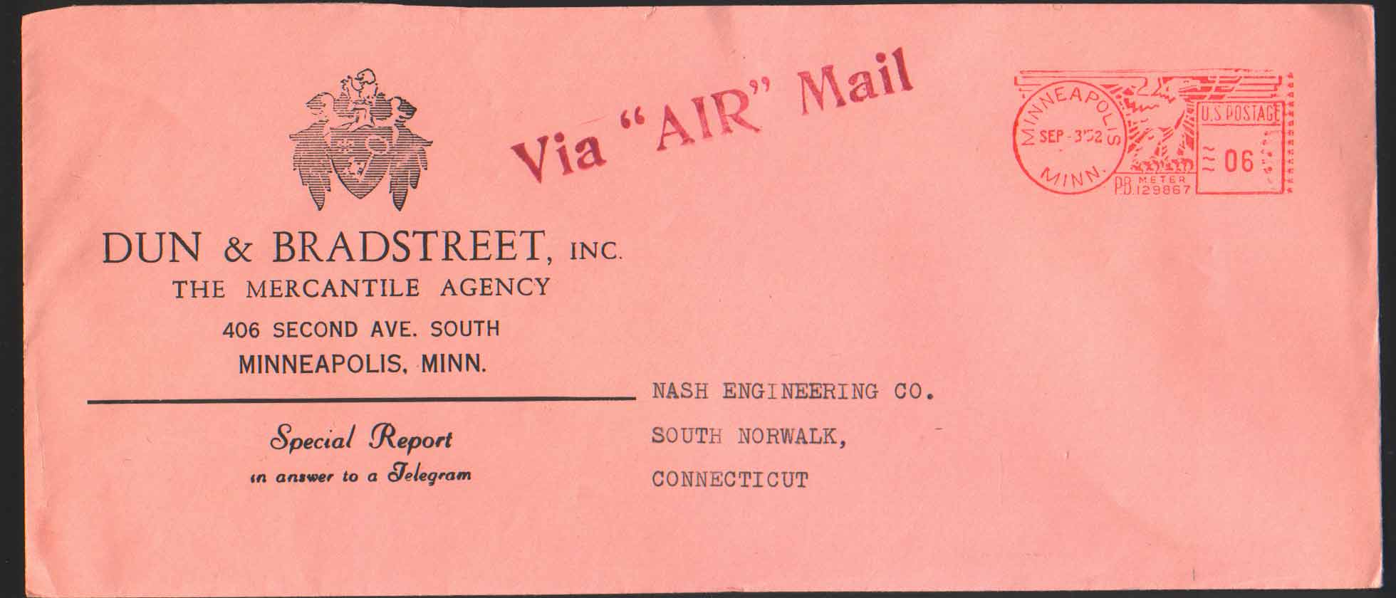 DUN & BRADSTREET. Eagle.  EMA De 1952. U.S. POSTAGE De MINEAPOLIS (MINN.).""Pitney Bowes" - Briefe U. Dokumente