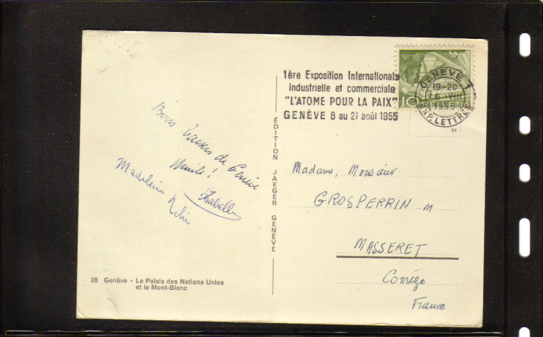 Lettre Genève Pour Masseret Corrèze L'Atome Pour La Paix Genève 8 Août Au 21 Août 1955 - Frankeermachinen