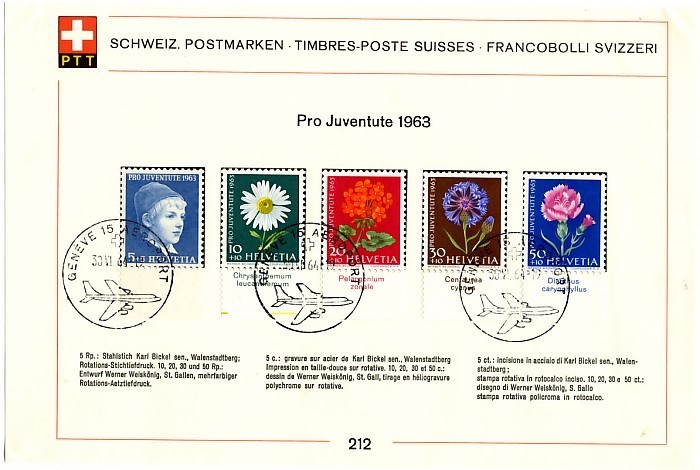 SUISSE FEUILLET P T T N° 208/212 BUNDESFEIR PRO PATRIA/PRO JUVENTUTE 1963 TAD BERN / GENEVE - Usati