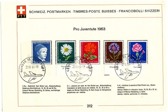 SUISSE FEUILLET P T T N° 208/212 BUNDESFEIR PRO PATRIA/PRO JUVENTUTE 1963 TAD BERN / GENEVE - Used Stamps