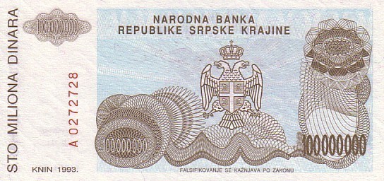 CROATIE    100 000 000 Dinara   Daté De 1993   Pick R25a    ***** BILLET  NEUF ***** - Croatie