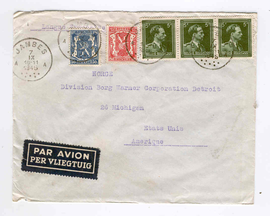 Lettre Avec 3 X 5 F LEOPOLD III Col Ouvert 1945 PAR AVION JAMBES Vers USA  --  3/588 - 1936-1957 Open Kraag