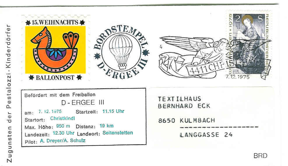 MONGOLFIERES OBLITERATION TEMPORAIRE MONGOLFIERES ERGEE ALLEMAGNE 1975 - Montgolfier