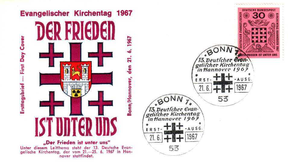 Fdc Religions >  Divers Allemagne 1967 Religion Journée De L´Eglise Evangélque à Hanovre Ecusson - Autres & Non Classés