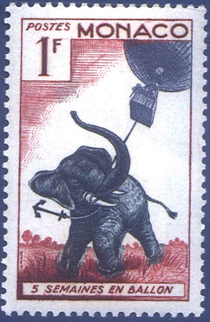 MONACO. 1955. N°427.Cinquantenire De La Mort Du Romancier Jules Vernes. 6 Semaines En Ballon, éléphant - Eléphants