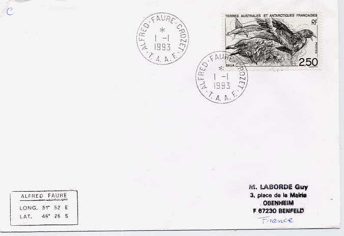 Skua Crozet 1er Jour  1 1 1993 - Storia Postale