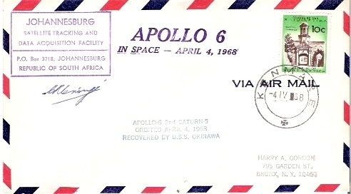 RSA / JOHANNESBURG /  APOLLO 6   / 04.05.1968 / Tracking Sration. Authographe. - Afrika