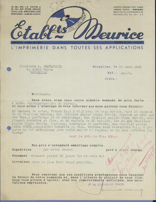 IMPRIMERIE  -        - BRUXELLES -   1938   (F365) - Drukkerij & Papieren