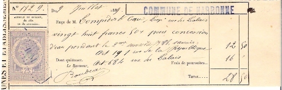 Timbres Fiscaux QUITTANCE  Sur Document. Narbonne, 1889. - Autres & Non Classés