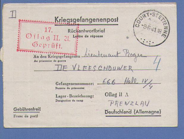 Kriegsgefangenenpost Met Cirkelstempel COURT-ST-ETIENNE Op 9/6/41 + Oflag Gepruft (B517) - WW II (Covers & Documents)