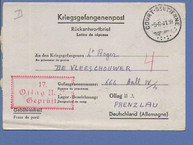 Kriegsgefangenenpost Met Cirkelstempel COURT-ST-ETIENNE Op 5/6/41 + Oflag Gepruft (B527) - Weltkrieg 1939-45 (Briefe U. Dokumente)