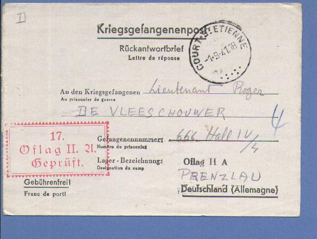 Kriegsgefangenenpost (lettre De Reponse) Met Stempel COURT-ST-ETIENNE Op 1/9/41 Naar OFLAG II - Guerra 40 – 45 (Cartas & Documentos)