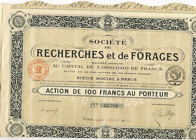 SCRIPOPHILIE COLLECTIONNEURS D'ACTIONS /TITRES De BOURS VALEURS FRANCAISES OU ETRANGERES SOCIETE DE RECHERCHE DE FORAGES - Petróleo