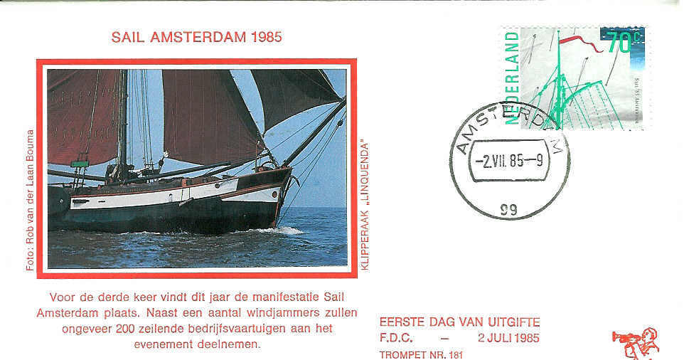 VOILE PREMIER JOU AMSTERDAM 1985 + TIMBRE CONCORDANT - Sailing