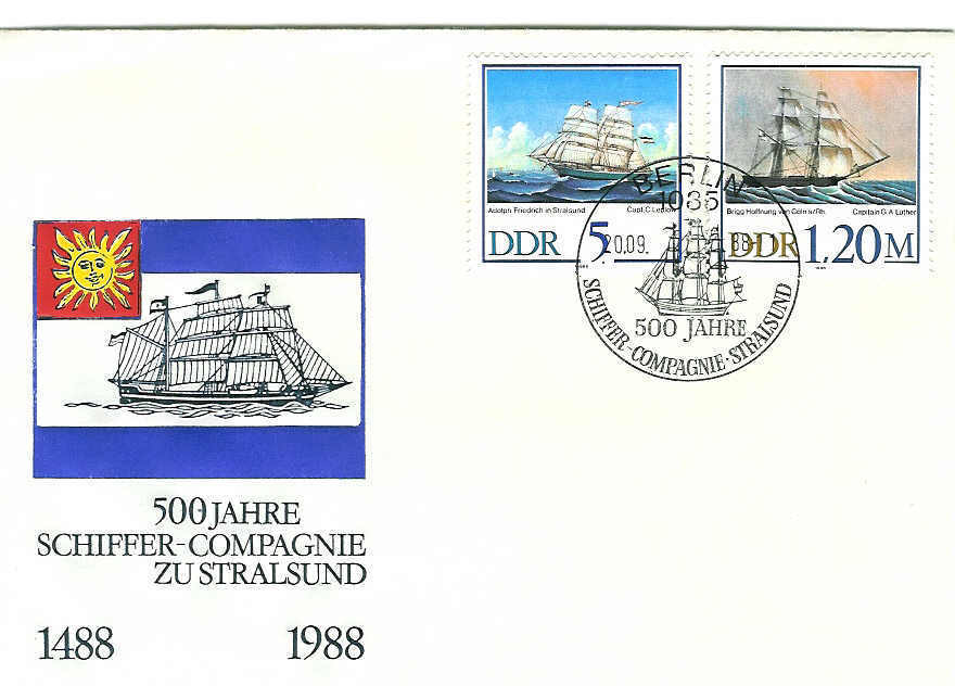 VOILE PREMIER JOUR DDR 500 ANS DE LA COMPAGNIE SCHIFFER 1988 - Sailing