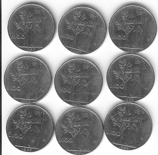 Lire 100: 1956 - 1957 - 1958 - 1959 - 1960 - 1965 - 1966 - 1968 - 1969: 9 Differenti Anni / 9 Used Different - 100 Liras