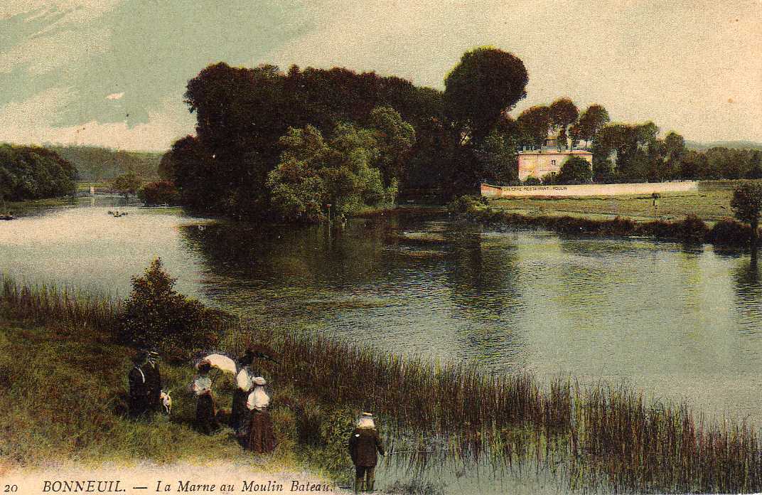 94 BONNEUIL SUR MARNE Bords De Marne, Moulin Bateau, Animée, Colorisée, Ed LL 20, 191? - Bonneuil Sur Marne