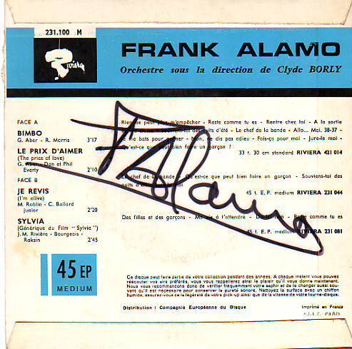 DISQUE VINYLS 45 TOURS DES  ANNEES  60  DE  FRANK ALAMO / BIMBO / DEDICASSE / - Autographs