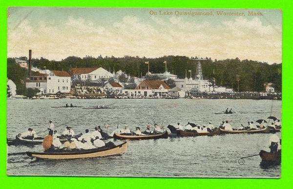 WORCESTER, MA - BOAT RACING ON LAKE QUINSIGAMOND - WELL ANIMATED - TRAVEL IN 1911 - A.P. LUNDBORG - UNDIVIDED BACK - - Worcester
