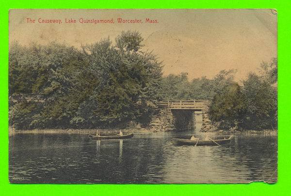 WORCESTER, MA - THE CAUSEWAY, LAKE QUINSIGAMOND - ANIMATED WITH BOATS - TRAVEL IN 1908 - A. P. LUNDBORG - - Worcester