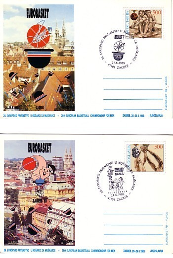 YOUGOSLAVIE 1989 EUROBASKET 2  Postal Cards + Stamp + Cache Special First Day - Basketball