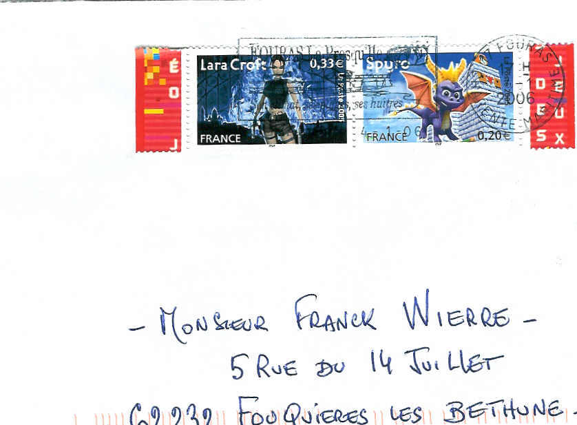 BANDES DESSINEES TIMBRE SUR LETTRE LES HEROS DES JEUX VIDEO 2006 FRANCE LARA CROFT SPURO - Bandes Dessinées