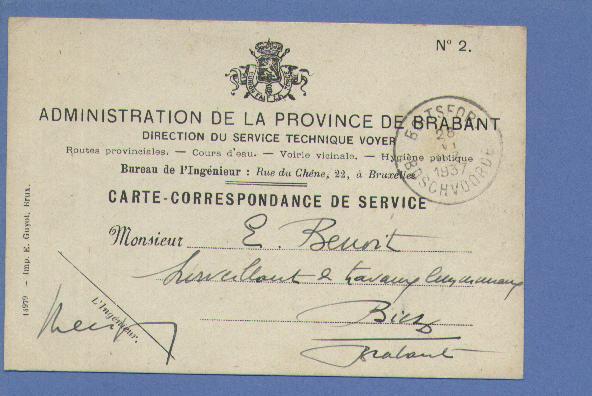 Kaart "Administration De La Province De Brabant" Met Cirkelstempel BOITSFORT / BOSCHVOORDE Op 28/6/1937 - Autres & Non Classés