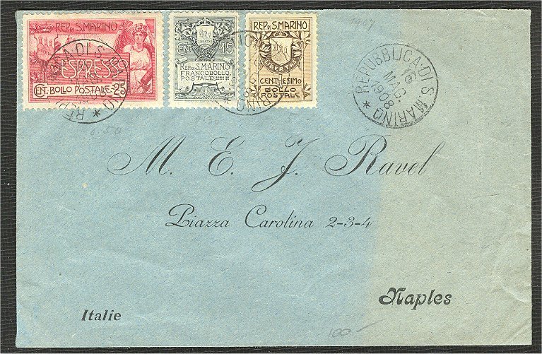 SAN MARINO 25 CENTESIMI EXPRESSO + 10 C + 1 C 1908 On Envelope To NAPOLI! - Lettres & Documents