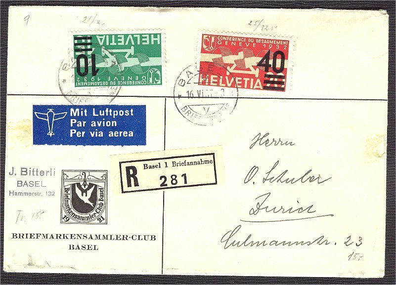 SWITZERLAND AIRCOVER BASEL ZURICH 1937, REAL USE - Other & Unclassified