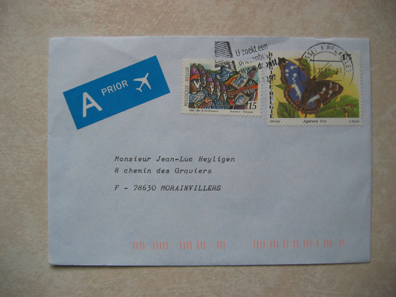 Lettre De Belgique Vers La France A Prior 2005 (2 Timbres 1993, Papillon, Namur) - Autres & Non Classés