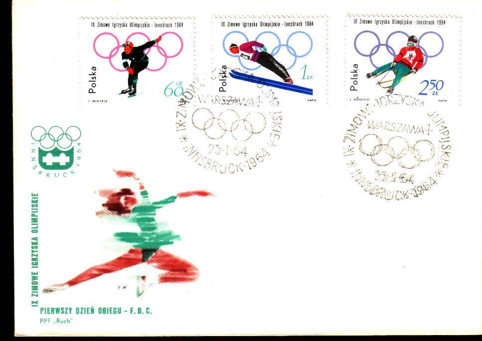 Fdc Jeux Olympiques > Hiver 1964: Innsbruck  Pologne 1964 Patinage Féminin & Saut à Ski & Luge - Hiver 1964: Innsbruck