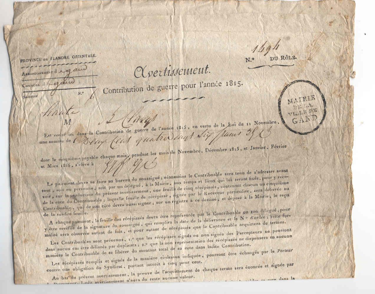 Document Imprimé Mairie De La Ville De GAND - Contribution De Guerre Pour 1815  --  3/672 - Historische Documenten