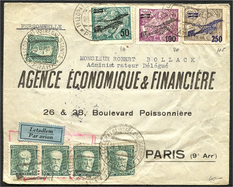 CZECHOSLOVAKIA: FULL SET ON NON-PHILATELIC AIRPOST COVER TO PARIS 1930 - Autres & Non Classés