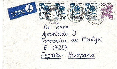 Carta Aerea POLONIA A España 1993 - Posta Aerea