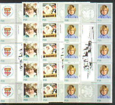 FIJI -  1981 Princess Diana 21st Birthday Complete Gutter Strips Of Ten. Scott 470-3. Castle, Crest And Dragon In Gutter - Fiji (1970-...)