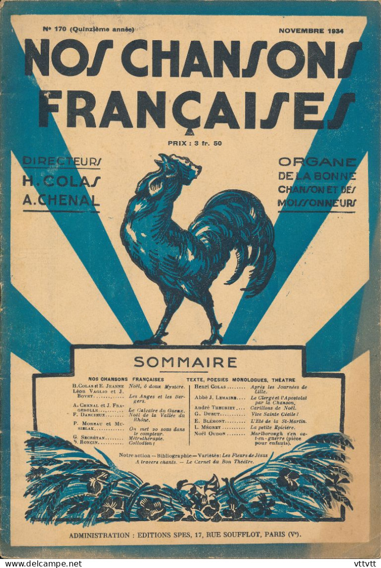 Musique : "Nos Chansons Françaises" N° 170, Décembre 1934. Sommaire : Voir Scan Et Description. - Muziek