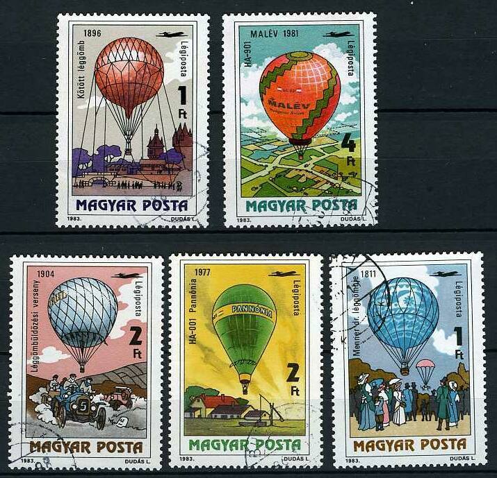 Serie 5 Timbres Obl, Magyar Posta, 1983, Sur Les Ballons, Série A450 à A456 Yvert - Airships