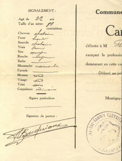 Carte D´Identité Van Montigny Sur Sambre 17 Aout 1914 !! Met Cachet De Commune. - Altri & Non Classificati