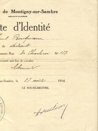 Carte D´Identité Van Montigny Sur Sambre 17 Aout 1914 !! Met Cachet De Commune. - Altri & Non Classificati