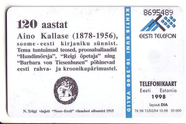 USED ESTONIA PHONECARD 1998 - ET0094 - Writer Aino Kallas - Estonie