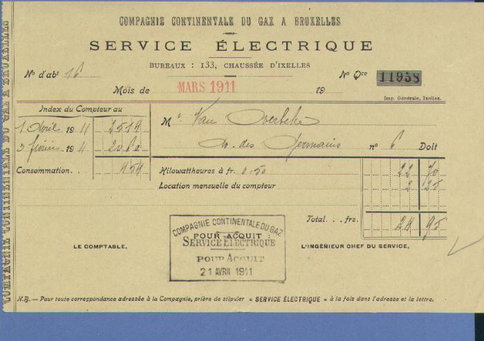 COMPAGNIE CONTINENTALE DU GAZ A  BRUXELLES  1911  (F433) - Elektrizität & Gas