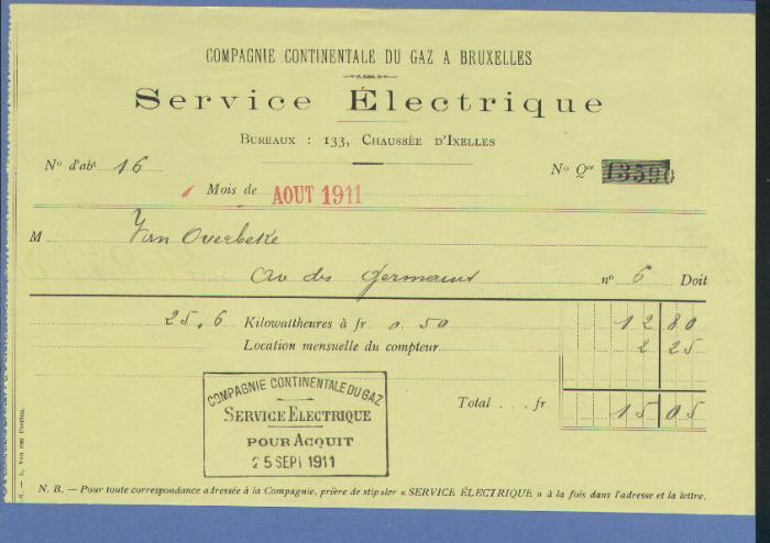 COMPAGNIE CONTINENTALE DU GAZ A  BRUXELLES  1911  (F434) - Elektriciteit En Gas