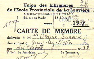 Carte De Membre De L'Union Des Infirmières De L'Ecole Provinciale De La Louvière (1948) - Documents Historiques