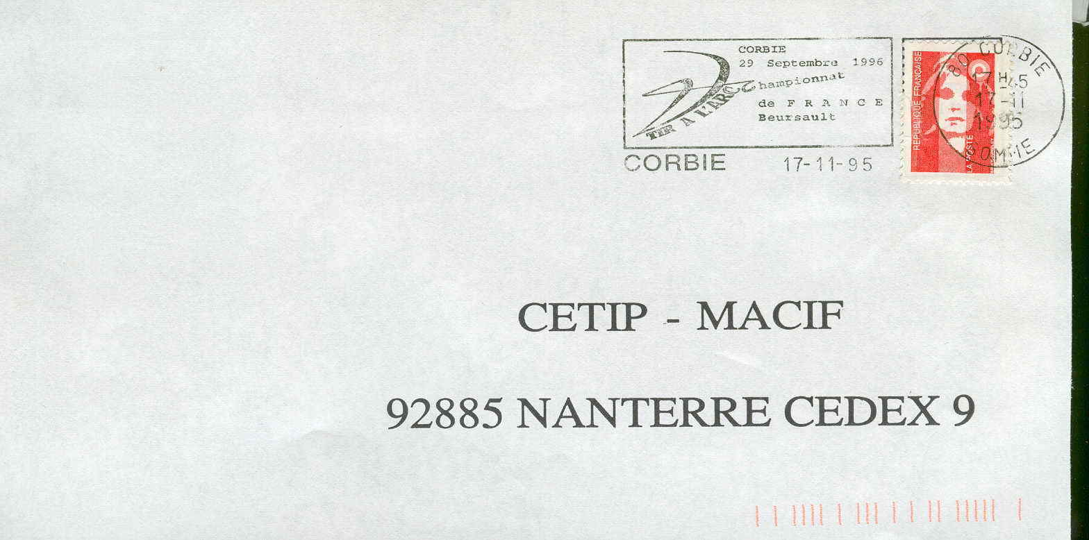 TIR A L ARC OBLITERATION TEMPORAIRE FRANCE 1995 CORBIE CHAMPIONNAT DE FRANCE DE TIR A L ARC - Tir à L'Arc