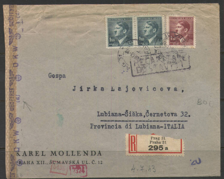 132 - GERMANIA , BOEMIA E MORAVIA , PRAGA  4/7/1943  RACCOMANDATA - Cartas & Documentos