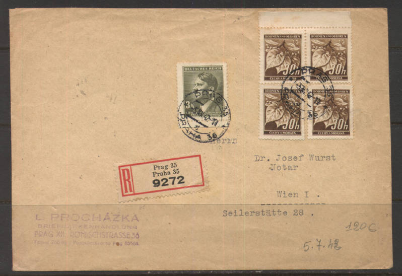 139 - GERMANIA , BOEMIA E MORAVIA , PRAGA  5/12/1942 RACCOMANDATA - Storia Postale