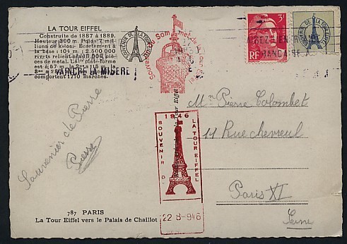 MONUMENT PARIS TOUR EIFFEIL CARTE ORIGINALE AYANT VOYAGE  DIVERS CACHETS ET VIGNETTES 1946 - Monumenti