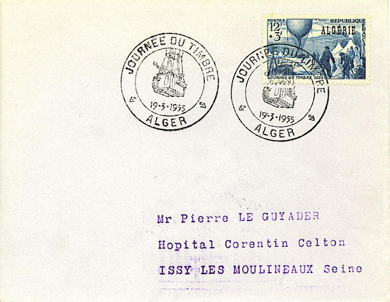 Algerie : Journée Du Timbre 1955 Alger. Mongolfière, Ballon, Courrier. - Lettres & Documents